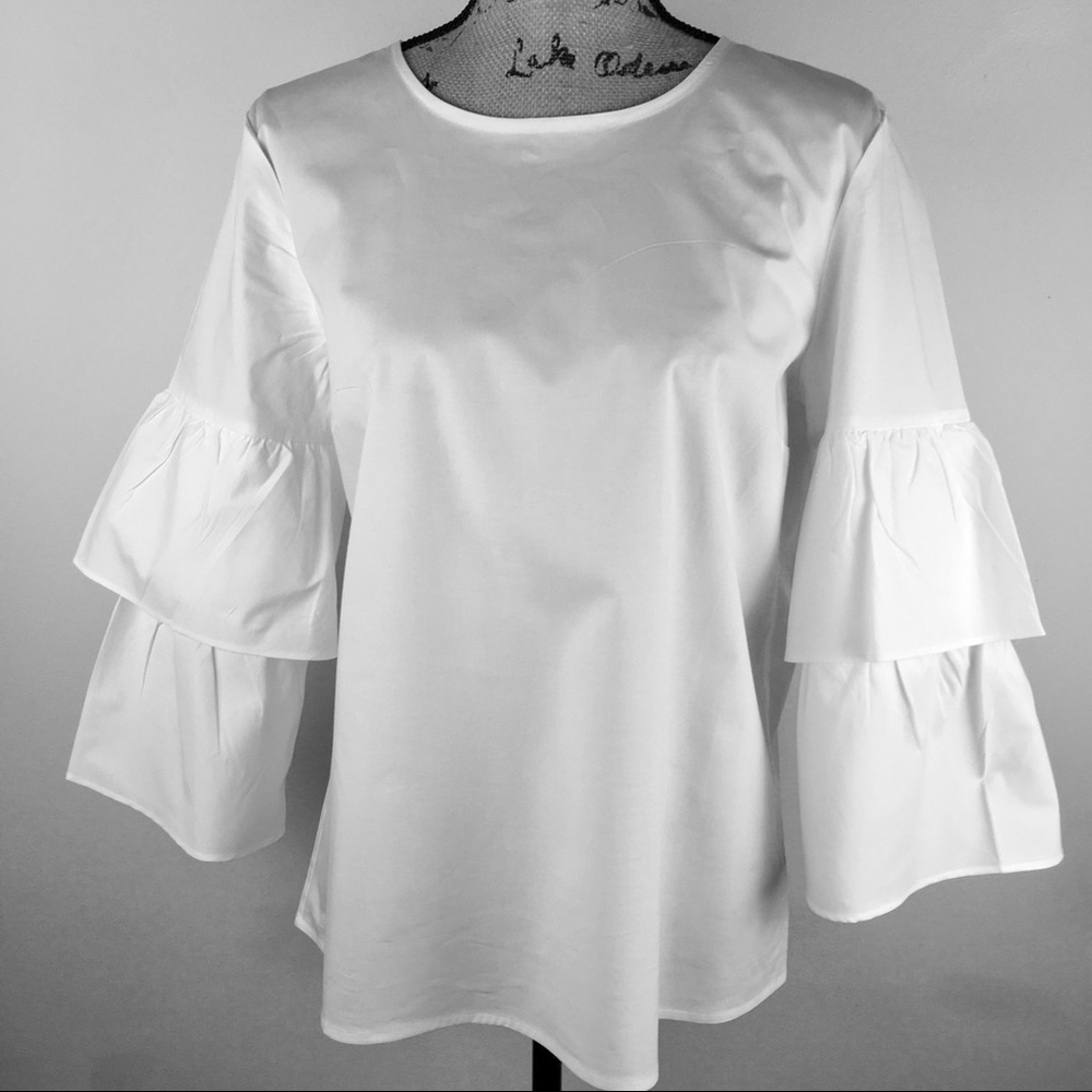 J. Crew White Ruffle Sleeve Blouse